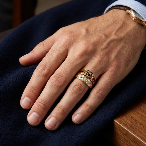 9K gold black swirl crystal ring for men with geometric white stone accents and polished gold finish by Marvel Silver.