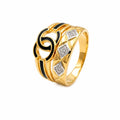 9K gold black swirl crystal ring for men with geometric white stone accents and polished gold finish by Marvel Silver.