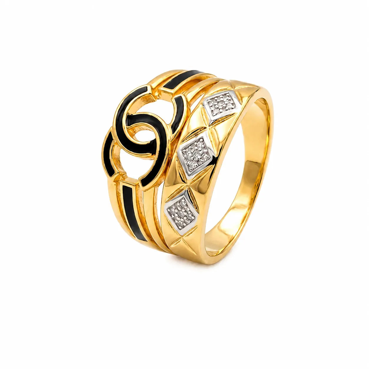 9K gold black swirl crystal ring for men with geometric white stone accents and polished gold finish by Marvel Silver.