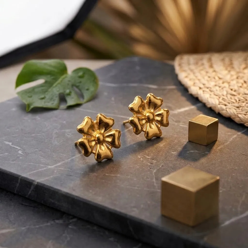 Marvel Silver 9K gold blossom flower stud earrings for women and girls, elegant floral gold earrings for everyday and festive wear.