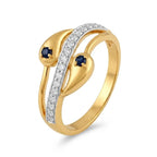 9K gold blue stone crystal ring for girls with dual blue stones, white crystal detailing and polished gold finish by Marvel Silver.
