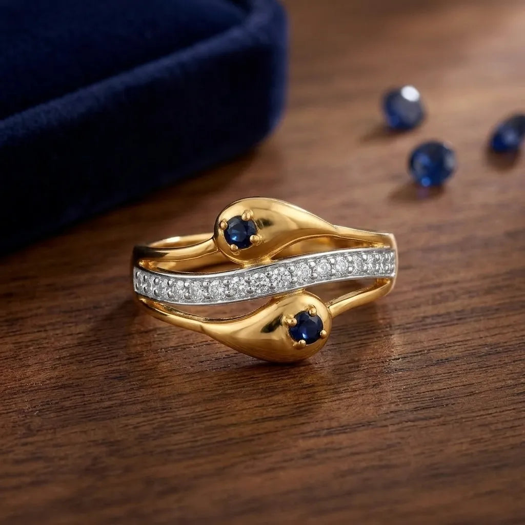 9K gold blue stone crystal ring for girls with dual blue stones, white crystal detailing and polished gold finish by Marvel Silver.