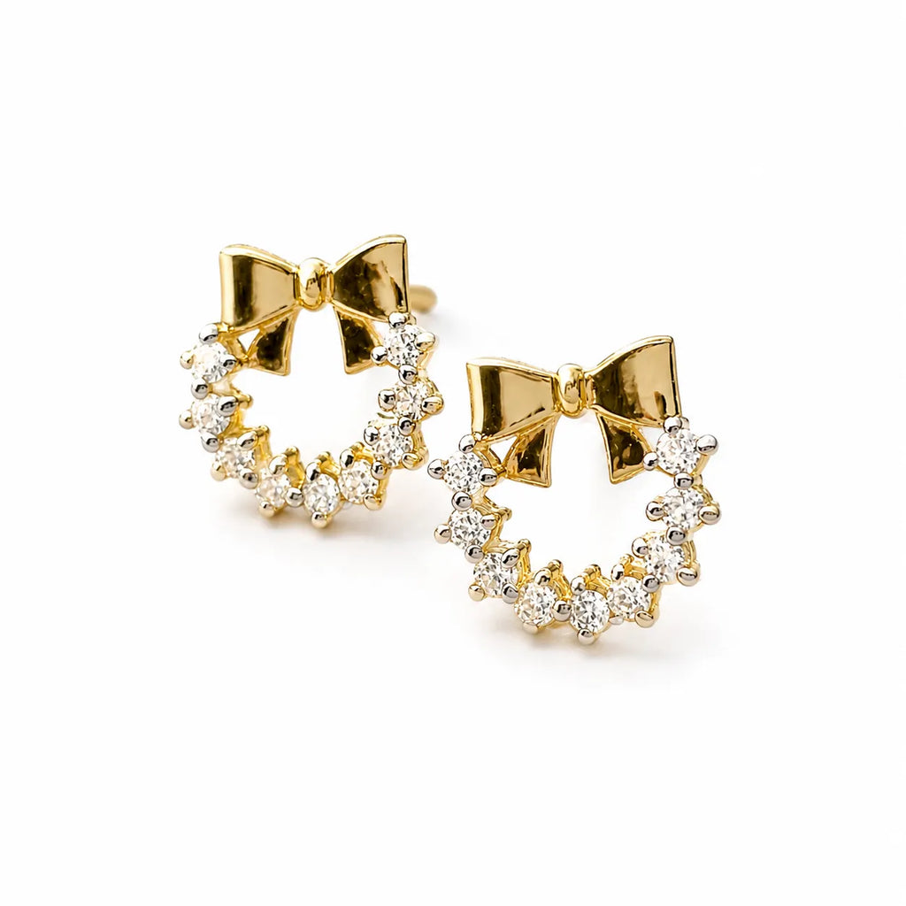 9K gold bow wreath crystal earrings for girls with sparkling white stones and polished gold finish by Marvel Silver.