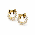 9K gold bow wreath crystal earrings for girls with sparkling white stones and polished gold finish by Marvel Silver.
