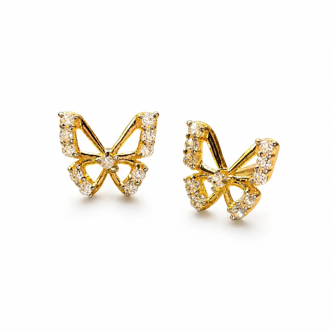 9K gold butterfly crystal earrings for girls with sparkling white stone detailing and polished gold finish by Marvel Silver.
