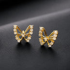 9K gold butterfly crystal earrings for girls with sparkling white stone detailing and polished gold finish by Marvel Silver.