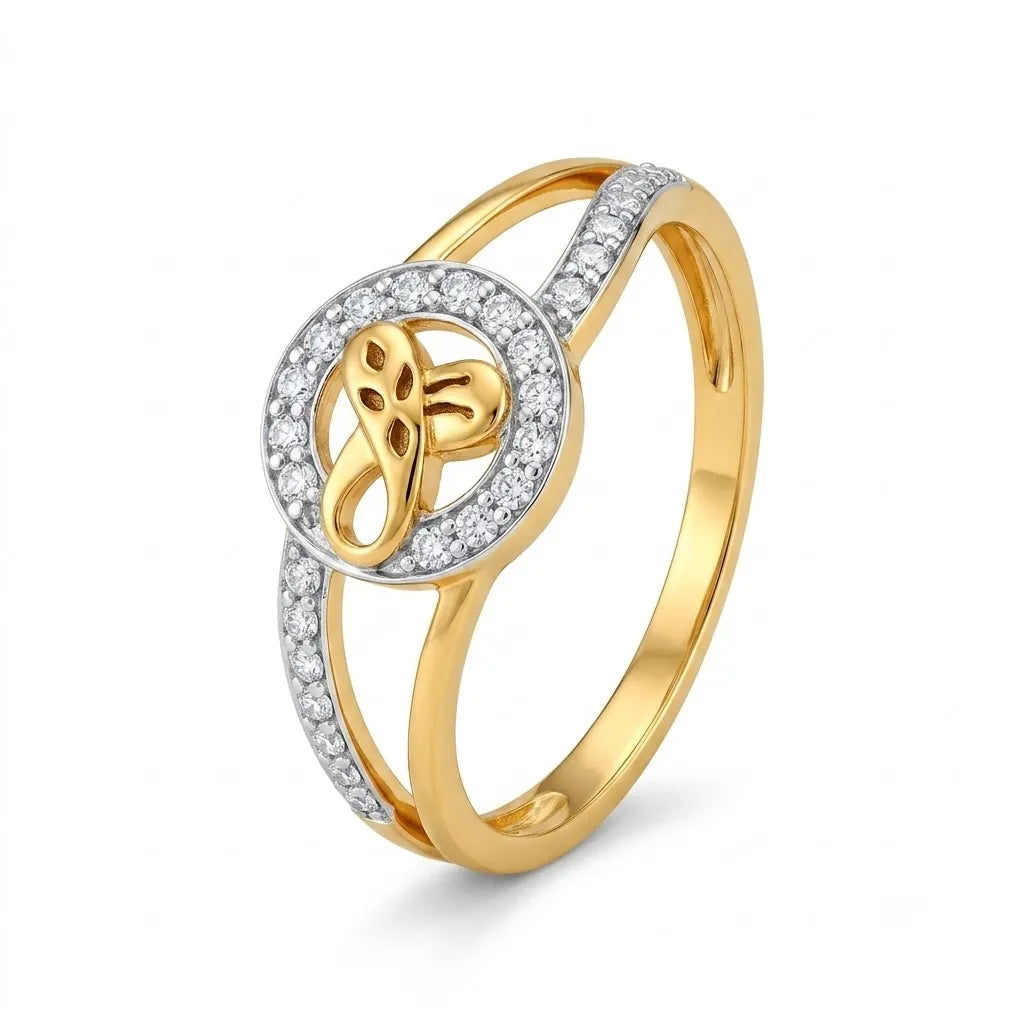 9K gold butterfly crystal ring for girls with round white stone border and polished gold finish by Marvel Silver.