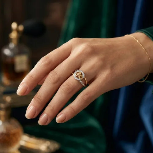 9K gold butterfly crystal ring for girls with round white stone border and polished gold finish by Marvel Silver.