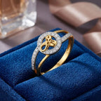 9K gold butterfly crystal ring for girls with round white stone border and polished gold finish by Marvel Silver.