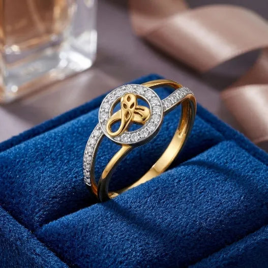 9K gold butterfly crystal ring for girls with round white stone border and polished gold finish by Marvel Silver.