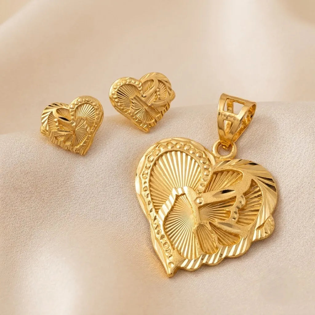 Marvel Silver 9K Gold Butterfly Heart Necklace Set with matching earrings for women, chain not included