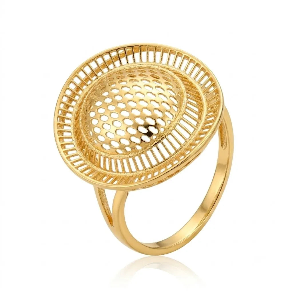 9K gold circular lattice statement ring for girls with round dome openwork design and polished gold finish by Marvel Silver.