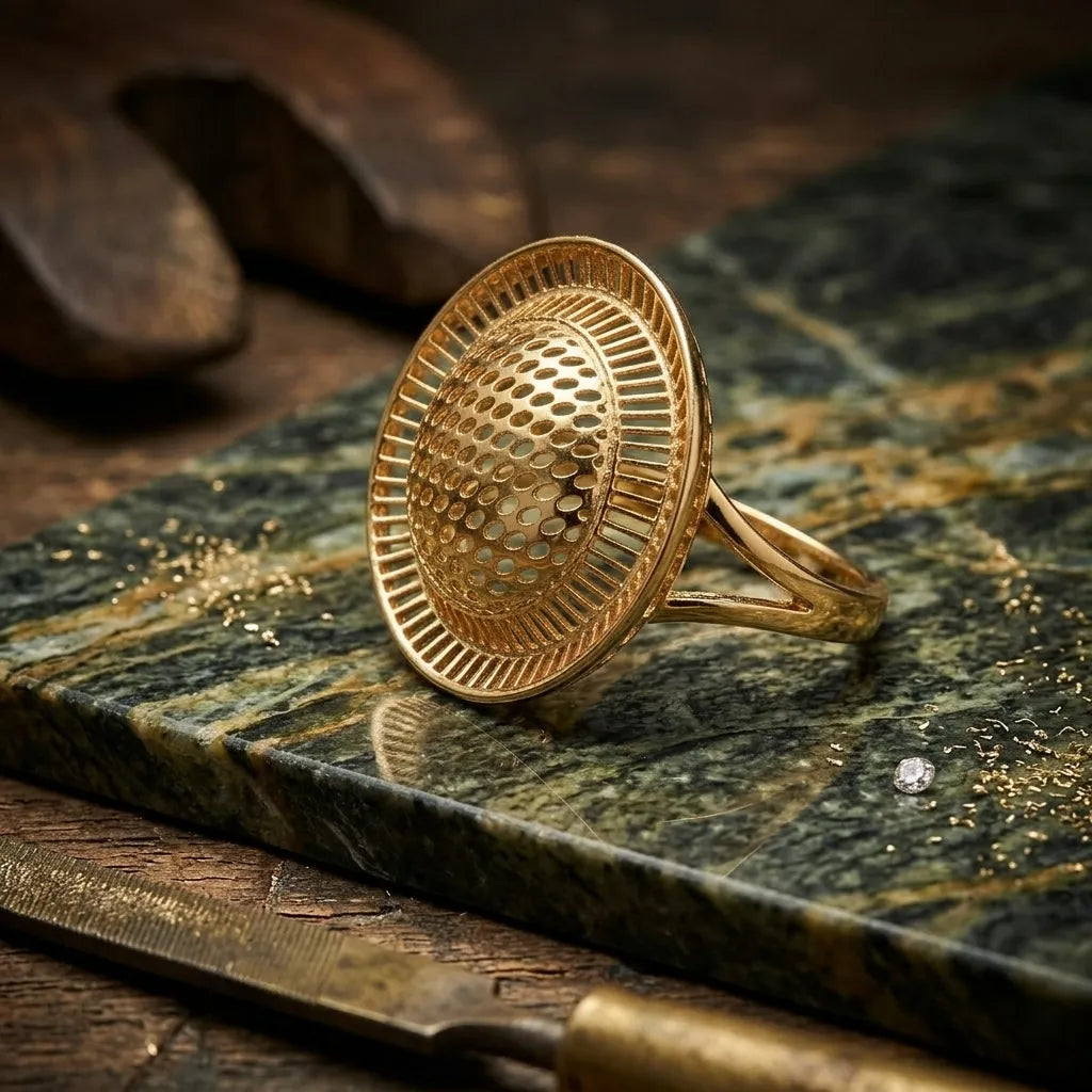 9K gold circular lattice statement ring for girls with round dome openwork design and polished gold finish by Marvel Silver.