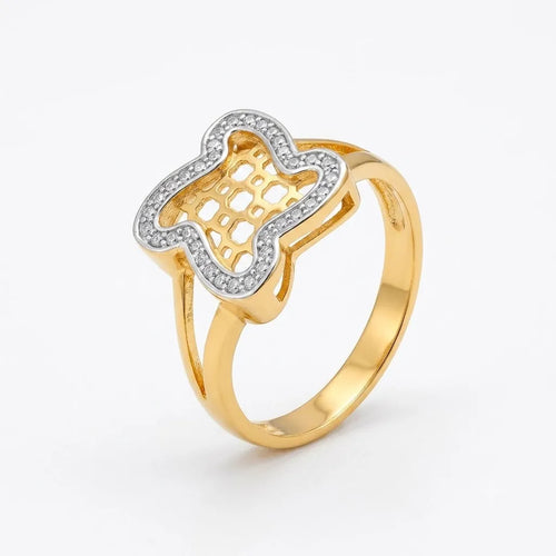 9K gold clover crystal ring for girls with openwork lattice centre and white stone-studded border by Marvel Silver.