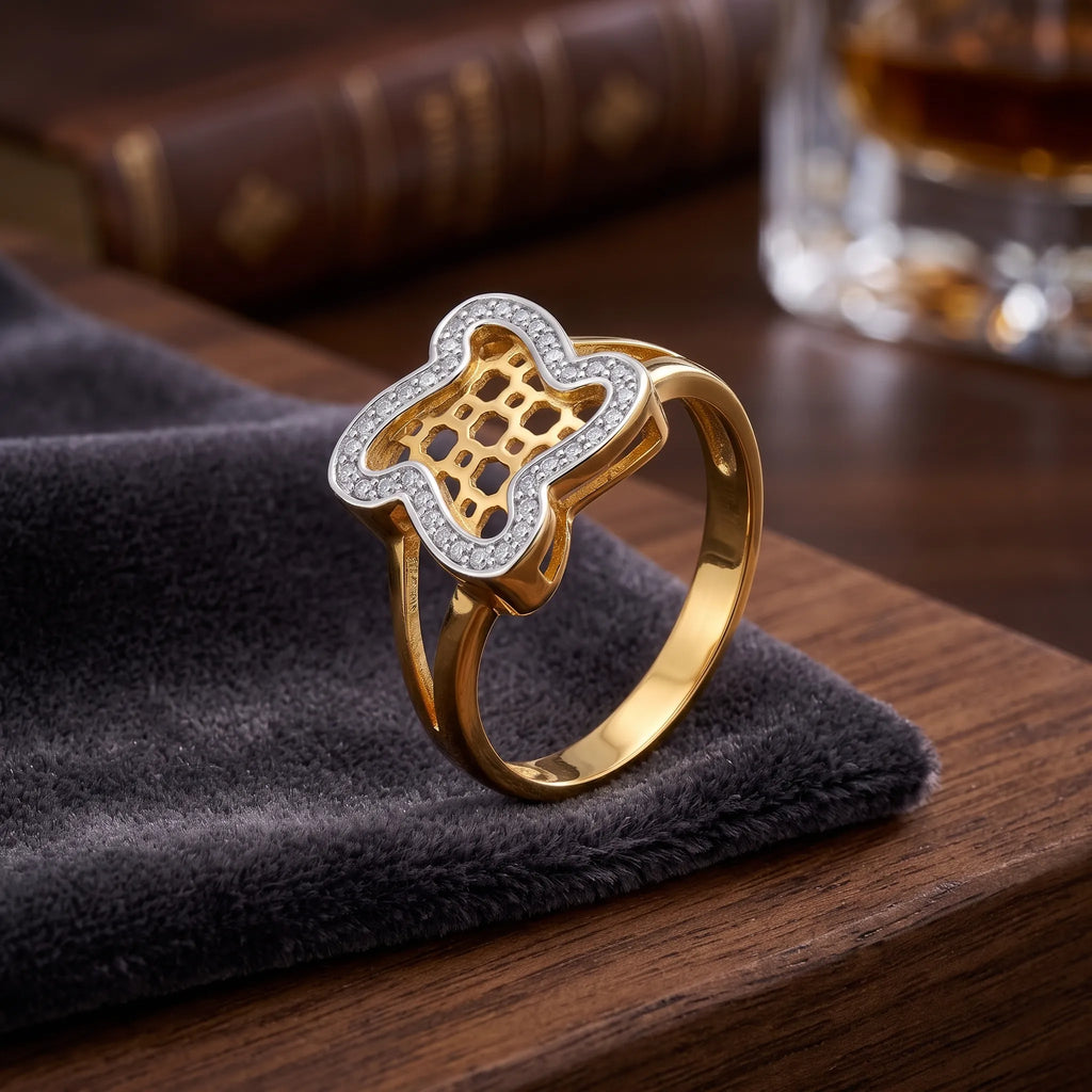 9K gold clover crystal ring for girls with openwork lattice centre and white stone-studded border by Marvel Silver.