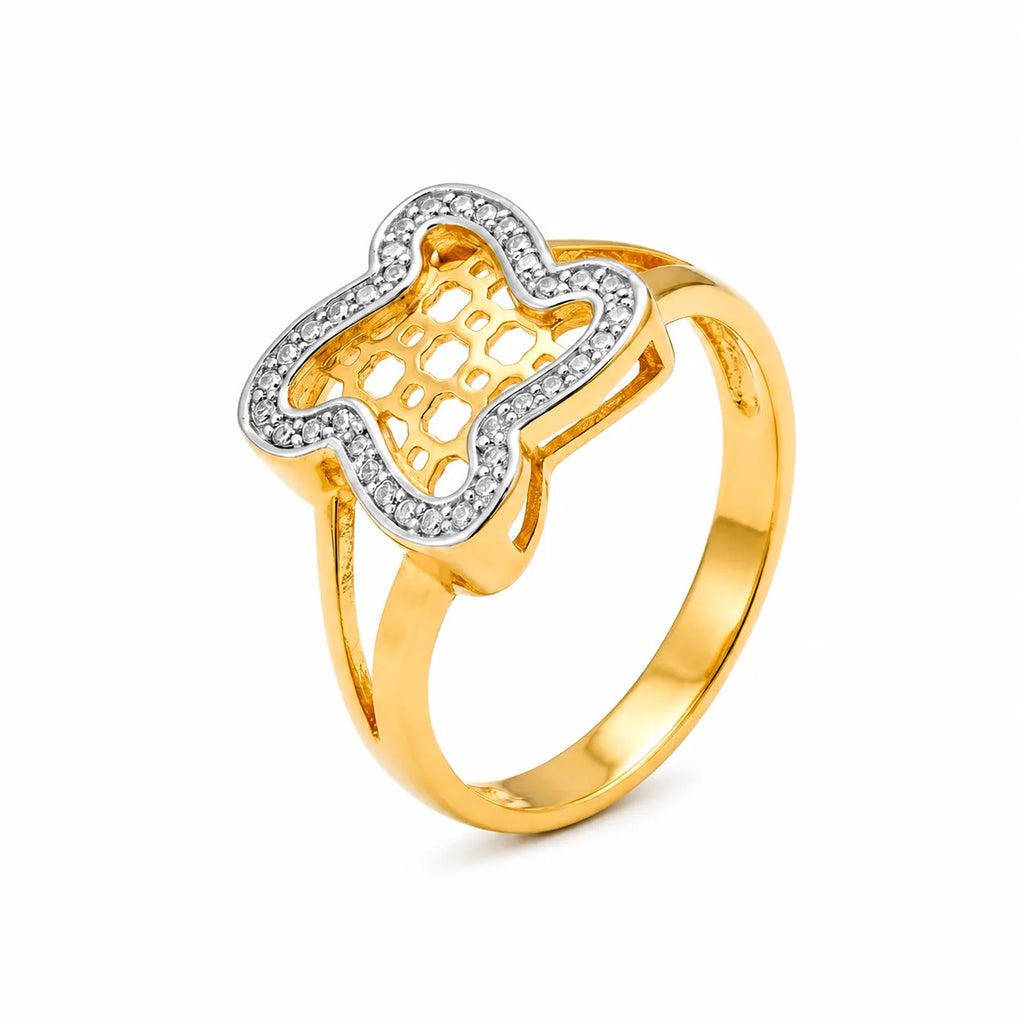 9K gold clover crystal ring for girls with openwork lattice centre and white stone-studded border by Marvel Silver.