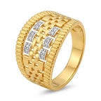 9K gold crystal basket weave ring for men with wide woven gold design, ribbed borders and white stone detailing by Marvel Silver.