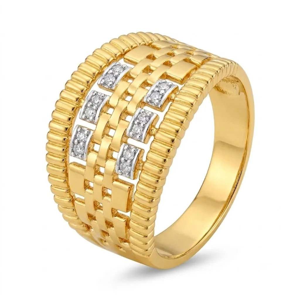 9K gold crystal basket weave ring for men with wide woven gold design, ribbed borders and white stone detailing by Marvel Silver.