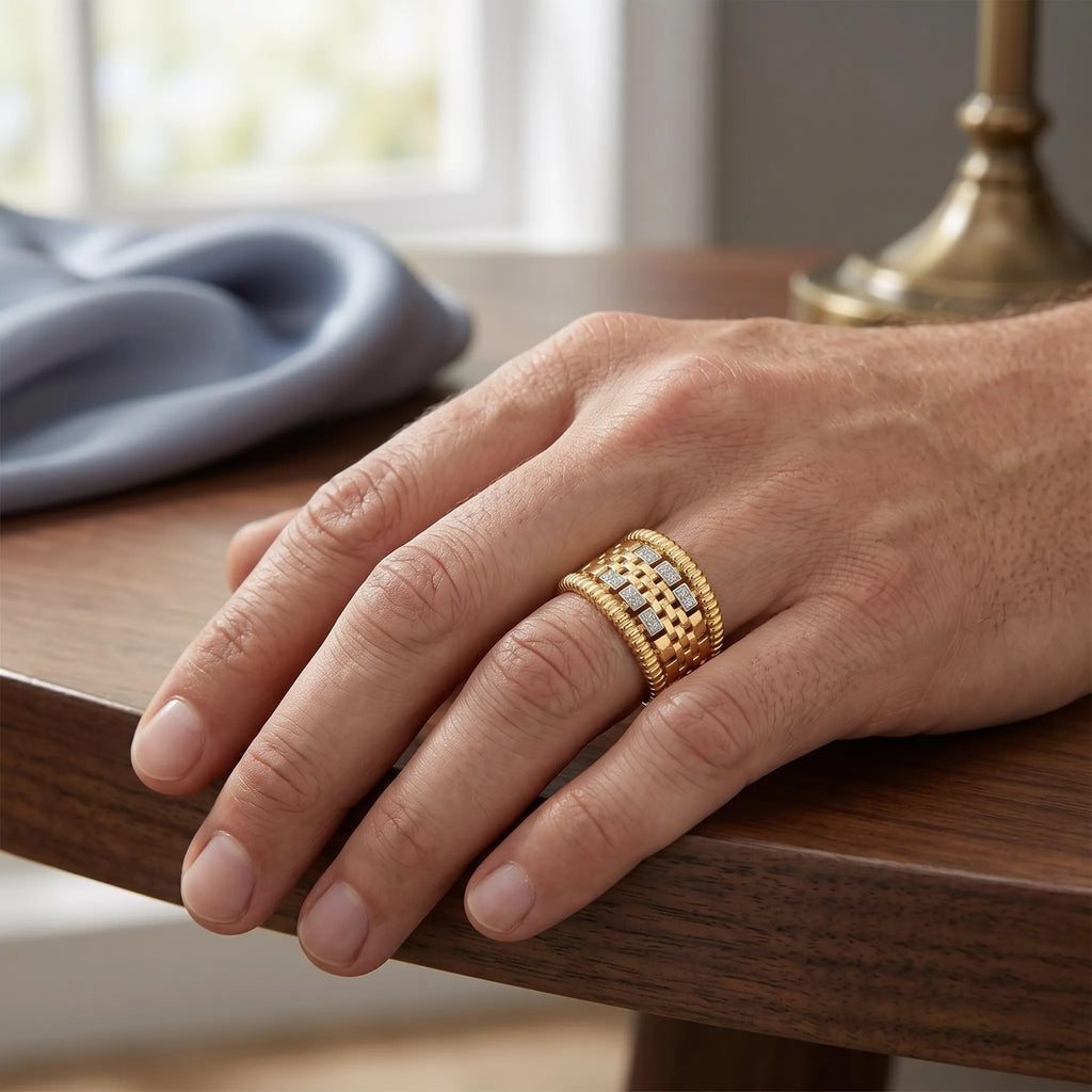 9K gold crystal basket weave ring for men with wide woven gold design, ribbed borders and white stone detailing by Marvel Silver.