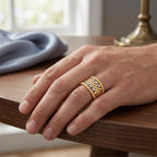 9K gold crystal basket weave ring for men with wide woven gold design, ribbed borders and white stone detailing by Marvel Silver.