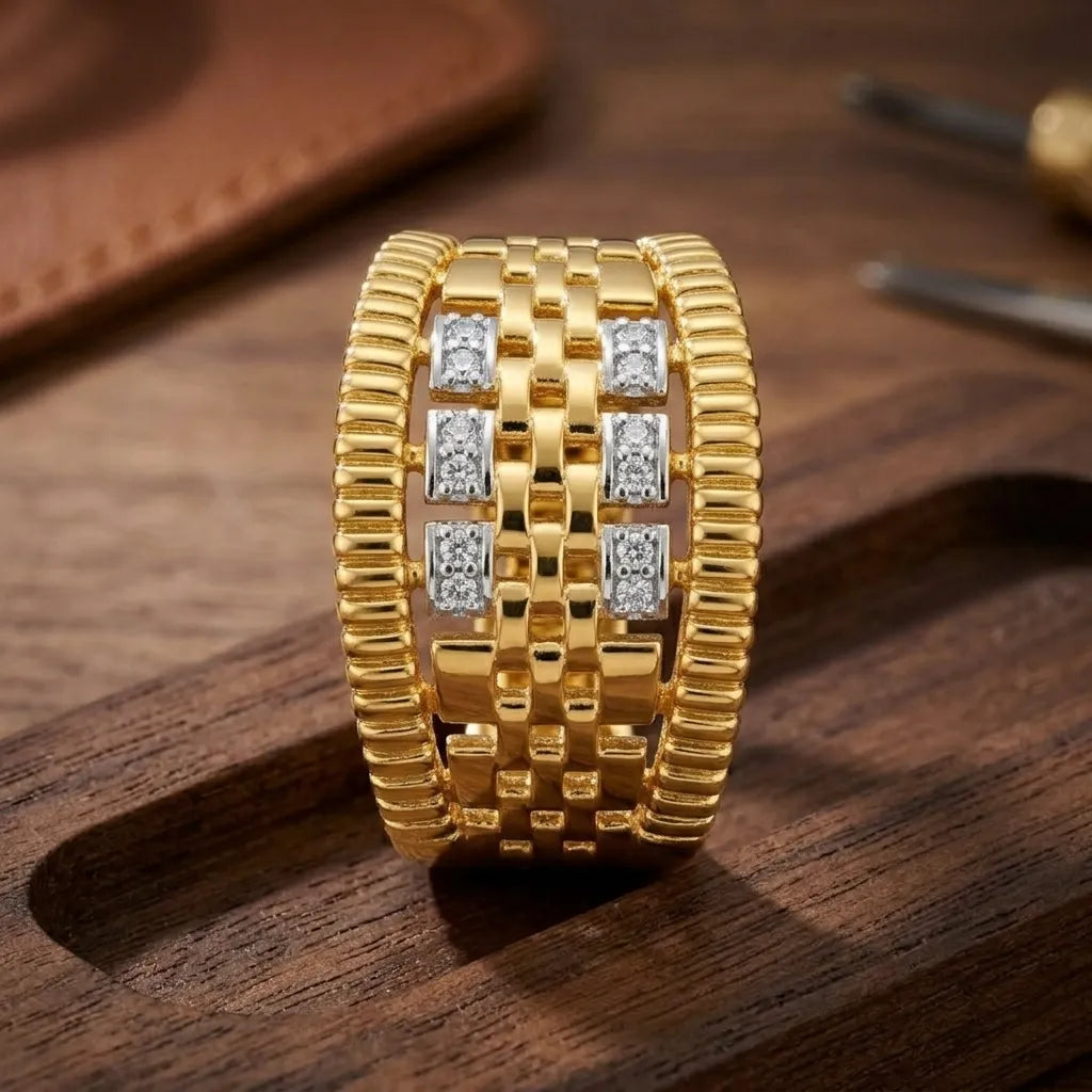 9K gold crystal basket weave ring for men with wide woven gold design, ribbed borders and white stone detailing by Marvel Silver.