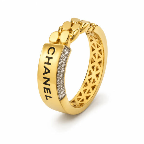 9K gold crystal chain design ring for men with a wide polished gold band and white stone detailing by Marvel Silver.