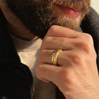 9K gold crystal chain design ring for men with a wide polished gold band and white stone detailing by Marvel Silver.