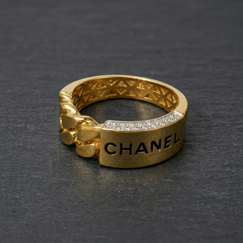 9K gold crystal chain design ring for men with a wide polished gold band and white stone detailing by Marvel Silver.