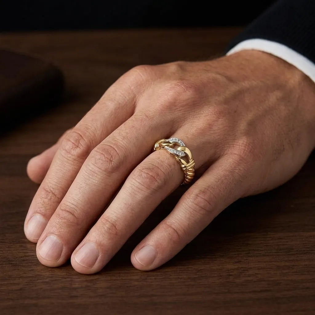 9K gold crystal chain link ring for men with interlocking gold links and white stone detailing by Marvel Silver.