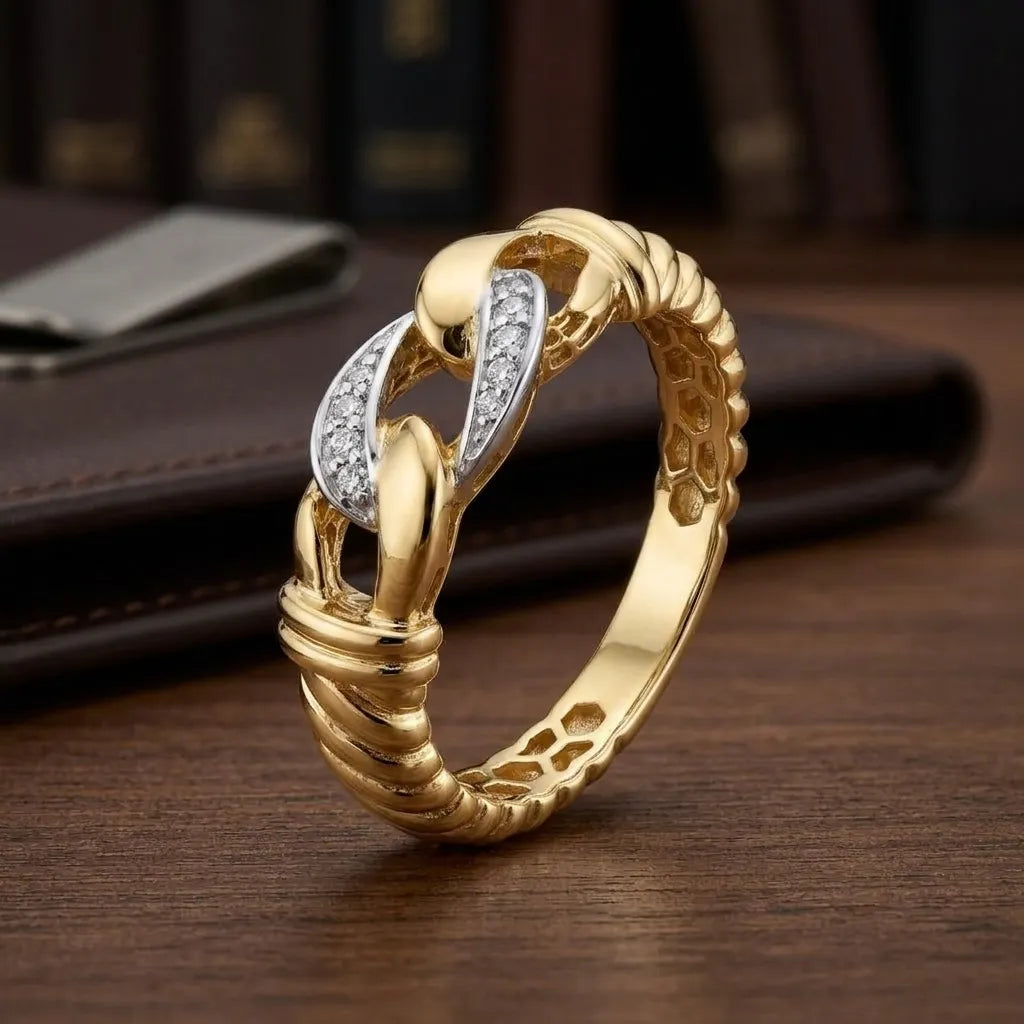 9K gold crystal chain link ring for men with interlocking gold links and white stone detailing by Marvel Silver.