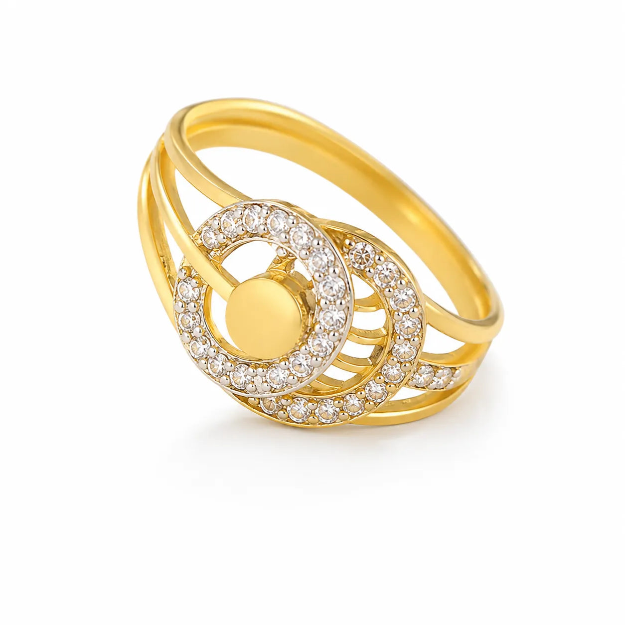 9K gold crystal circle ring for girls with multi-band crossover design and white stone detailing by Marvel Silver.