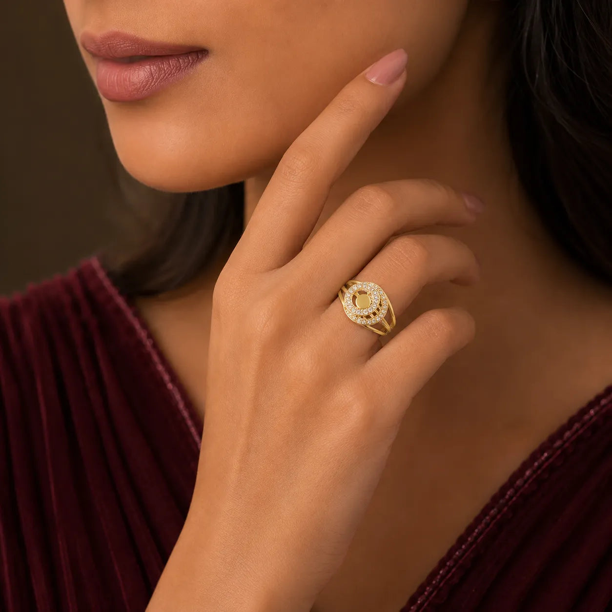 9K gold crystal circle ring for girls with multi-band crossover design and white stone detailing by Marvel Silver.