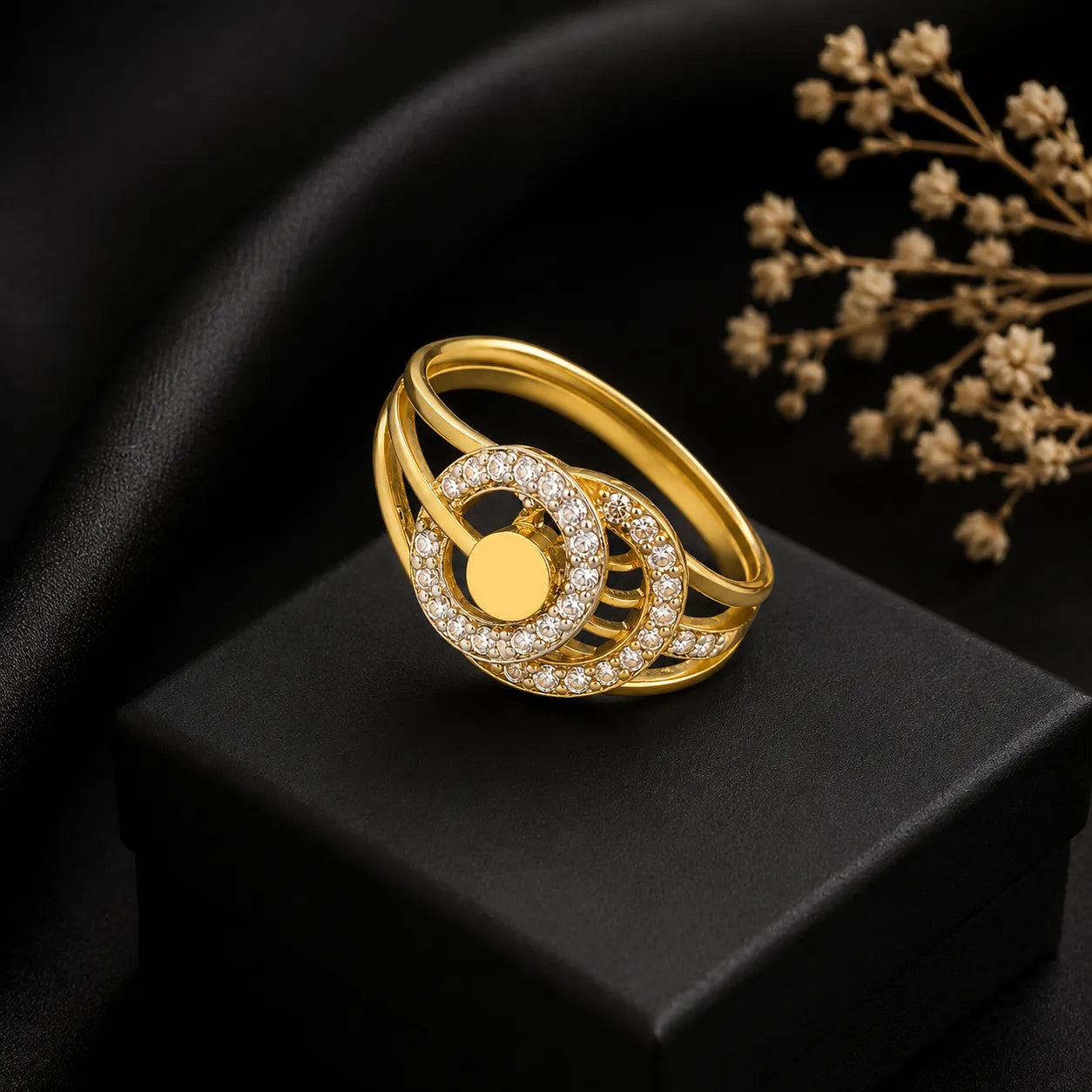 9K gold crystal circle ring for girls with multi-band crossover design and white stone detailing by Marvel Silver.