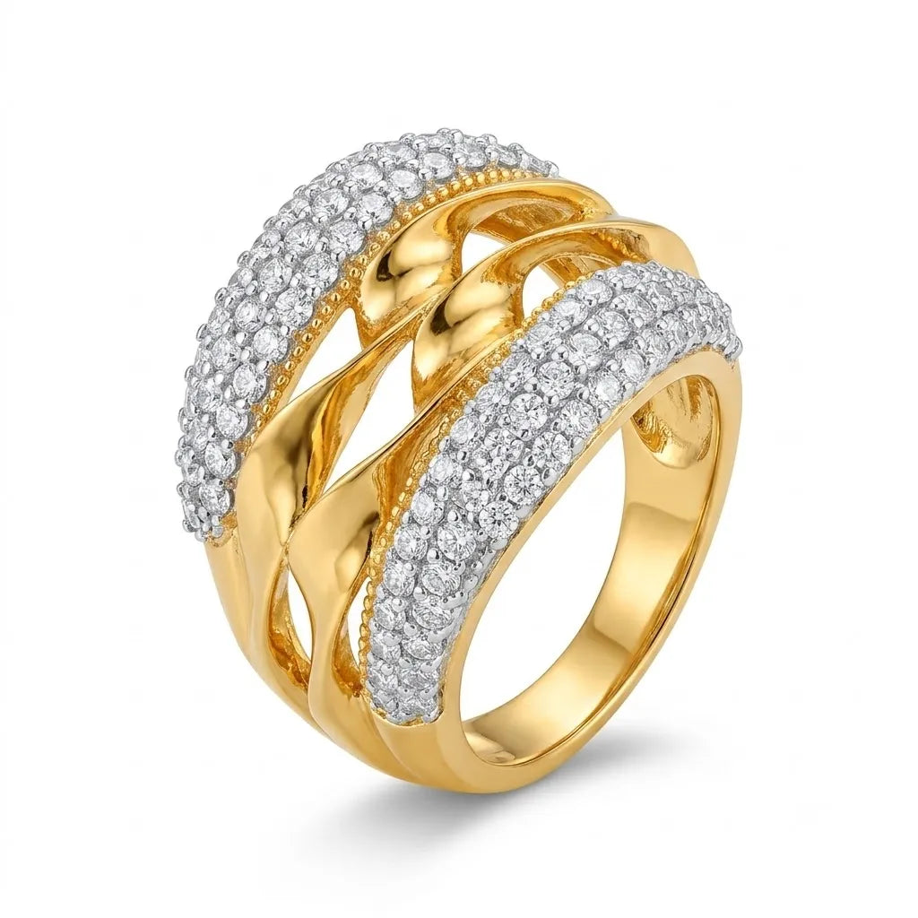 9K gold crystal crossover ring for girls with layered polished gold bands and sparkling white stone detailing by Marvel Silver.