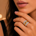 9K gold crystal crossover ring for girls with layered polished gold bands and sparkling white stone detailing by Marvel Silver.