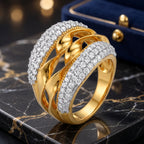 9K gold crystal crossover ring for girls with layered polished gold bands and sparkling white stone detailing by Marvel Silver.