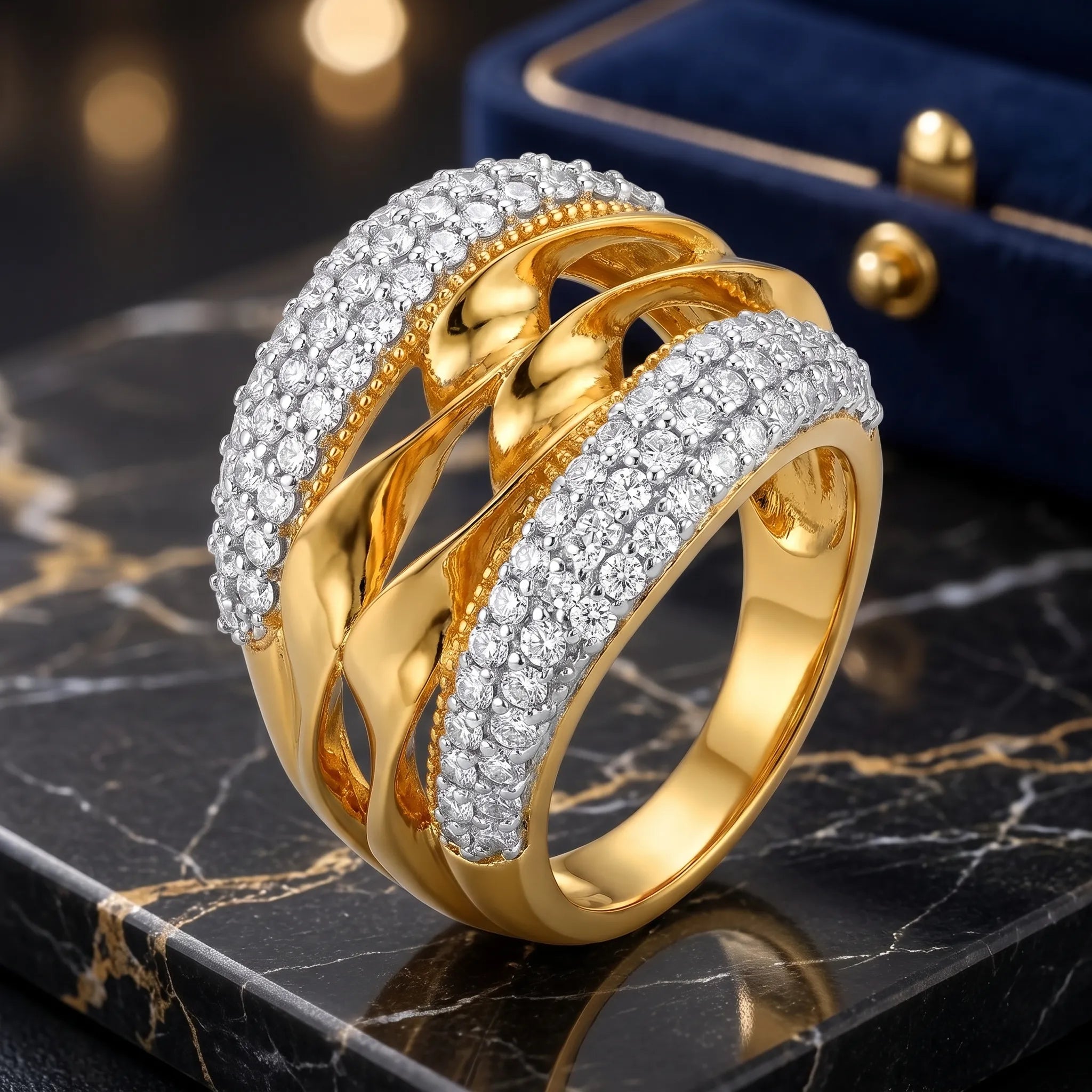 9K gold crystal crossover ring for girls with layered polished gold bands and sparkling white stone detailing by Marvel Silver.