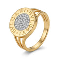 9K gold crystal disc ring for men with round white stone-studded centre and polished gold finish by Marvel Silver.