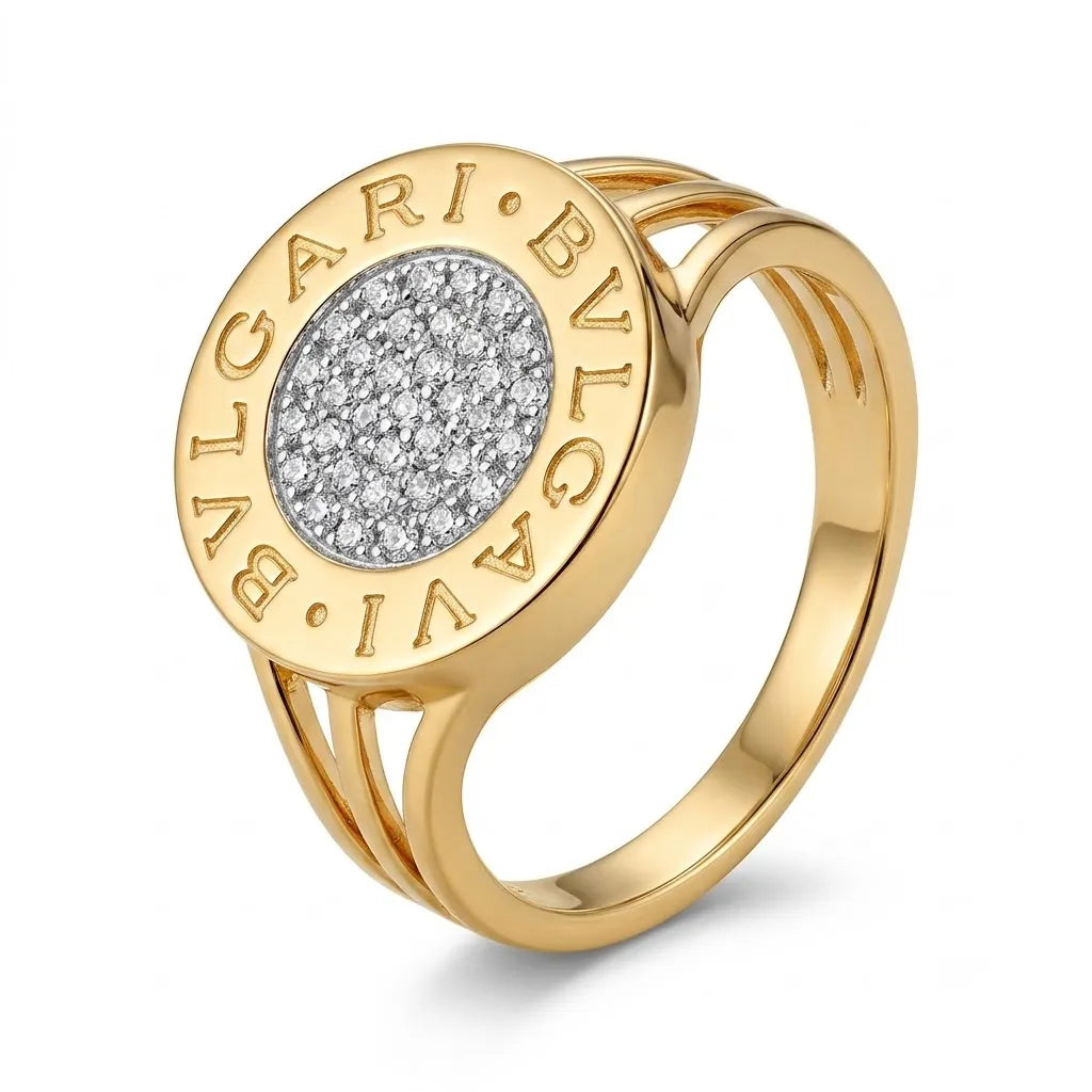 9K gold crystal disc ring for men with round white stone-studded centre and polished gold finish by Marvel Silver.