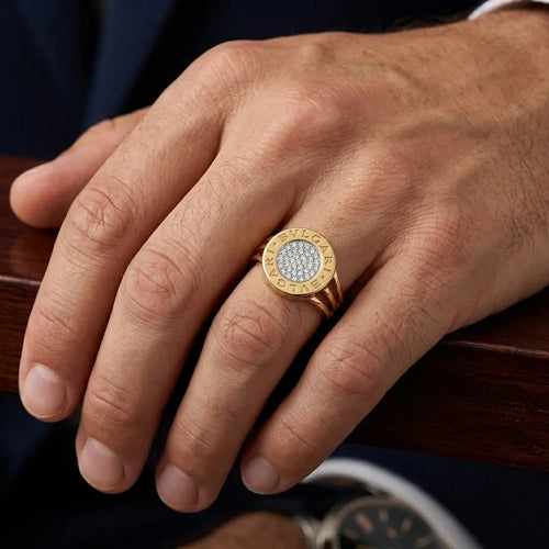 9K gold crystal disc ring for men with round white stone-studded centre and polished gold finish by Marvel Silver.