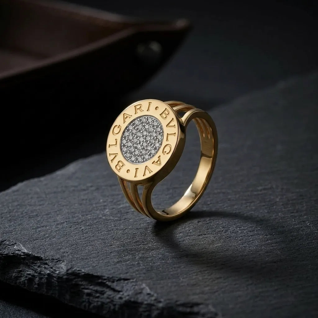 9K gold crystal disc ring for men with round white stone-studded centre and polished gold finish by Marvel Silver.