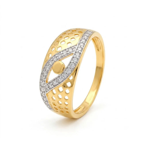 9K gold crystal eye design ring for girls with openwork pattern, white stone detailing and polished gold finish by Marvel Silver.