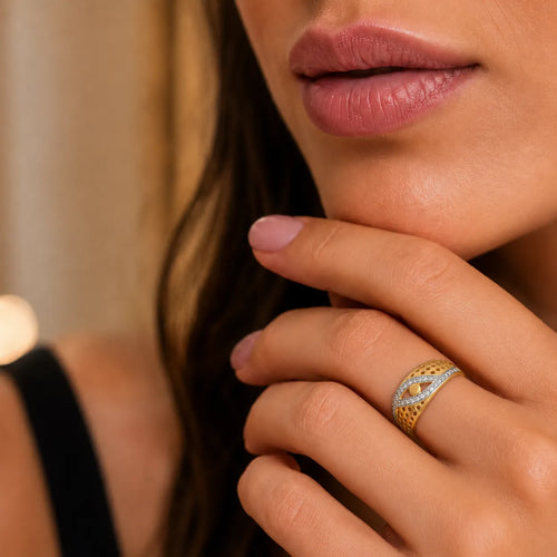 9K gold crystal eye design ring for girls with openwork pattern, white stone detailing and polished gold finish by Marvel Silver.