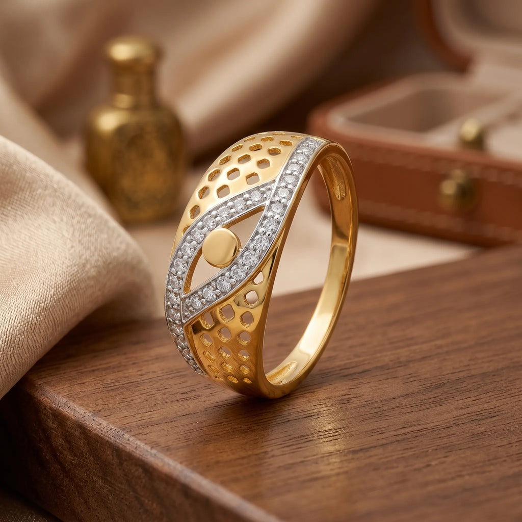 9K gold crystal eye design ring for girls with openwork pattern, white stone detailing and polished gold finish by Marvel Silver.