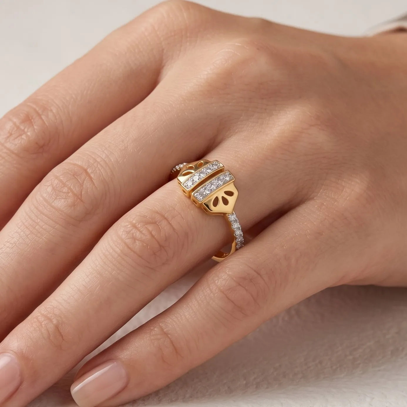 9K gold crystal leaf ring for girls with openwork leaf design, double white stone rows and polished gold band by Marvel Silver.