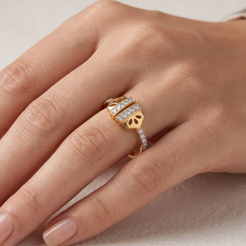 9K gold crystal leaf ring for girls with openwork leaf design, double white stone rows and polished gold band by Marvel Silver.