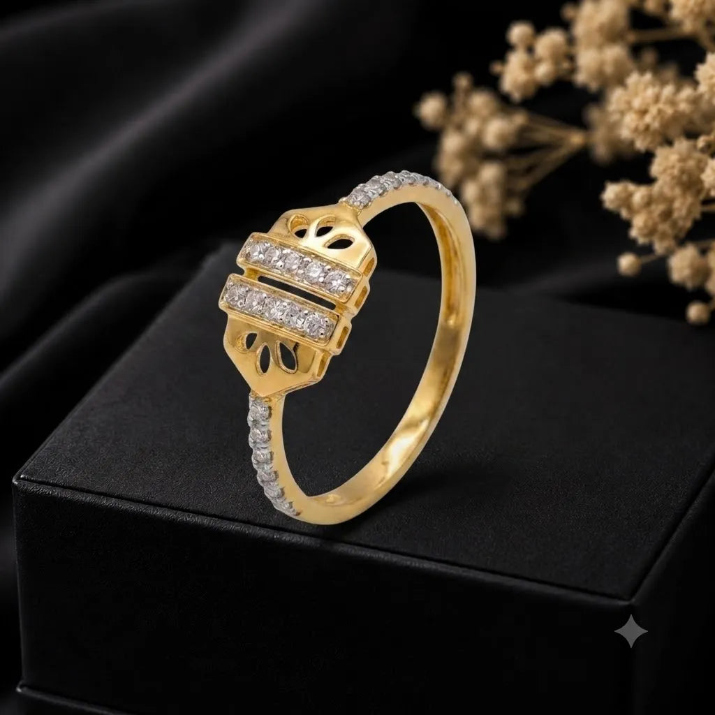 9K gold crystal leaf ring for girls with openwork leaf design, double white stone rows and polished gold band by Marvel Silver.
