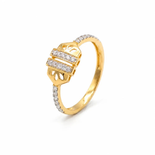9K gold crystal leaf ring for girls with openwork leaf design, double white stone rows and polished gold band by Marvel Silver.