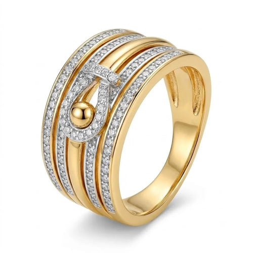 9K gold crystal loop statement ring for girls with layered gold bands and sparkling white stone detailing by Marvel Silver.