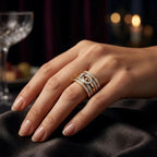 9K gold crystal loop statement ring for girls with layered gold bands and sparkling white stone detailing by Marvel Silver.